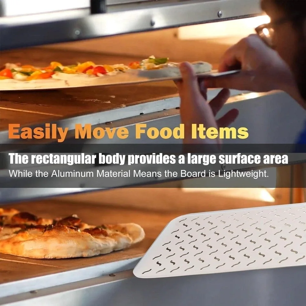 Perforated Rectangular Metal Pizza Peel Paddle with Wooden Handle 20 x 11